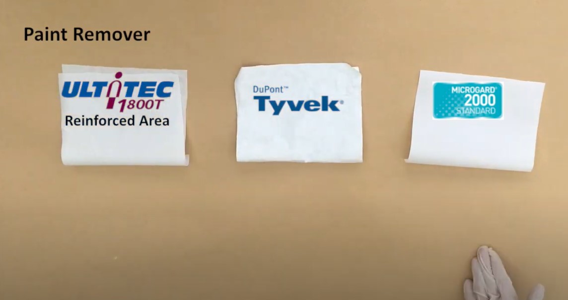 Fabric test with Paint remover ULTITEC 1800T Reinforced area VS Tyvek VS MG 2000